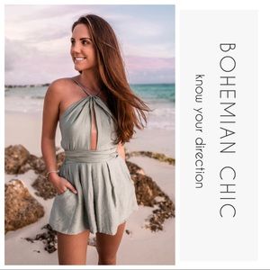 Sea foam Green String Back Halter Romper
